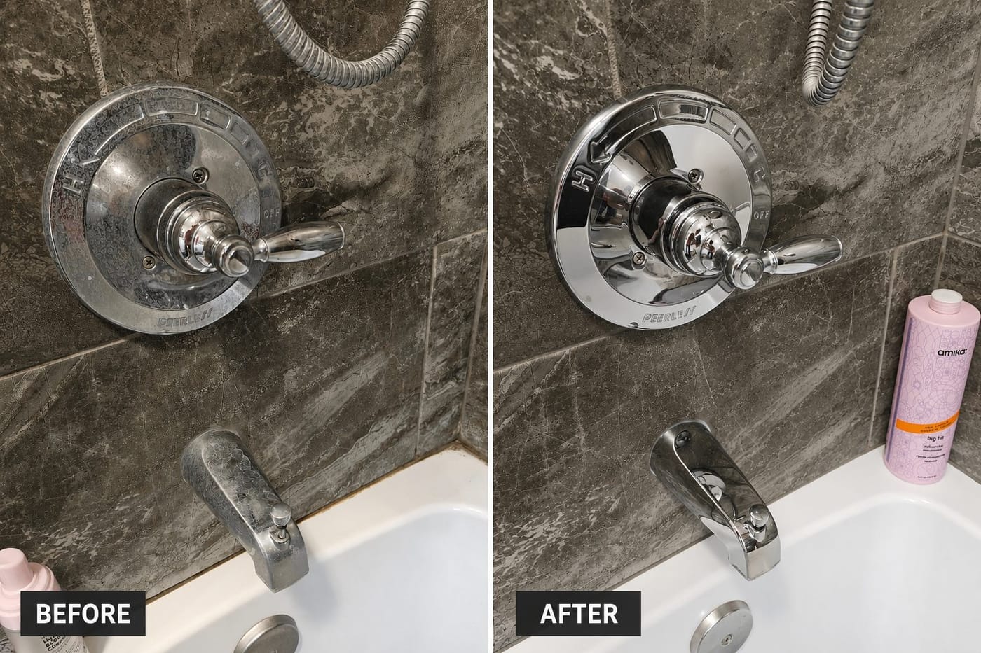 Before and after: hard-water buildup scrubbed off a chrome shower valve and tub spout