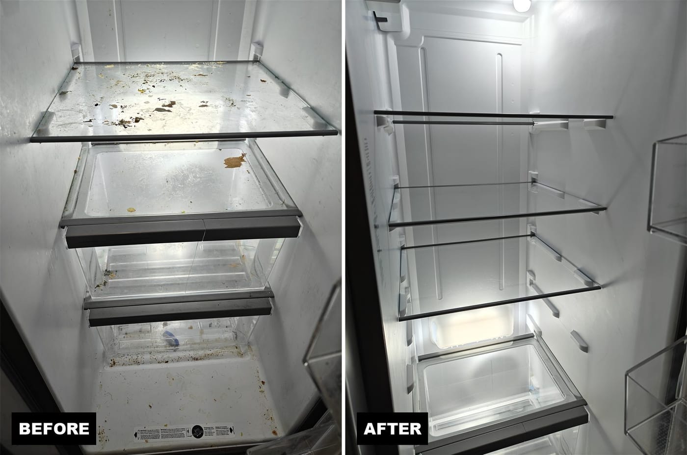 Before and after: refrigerator shelves and drawers deep cleaned inside and out