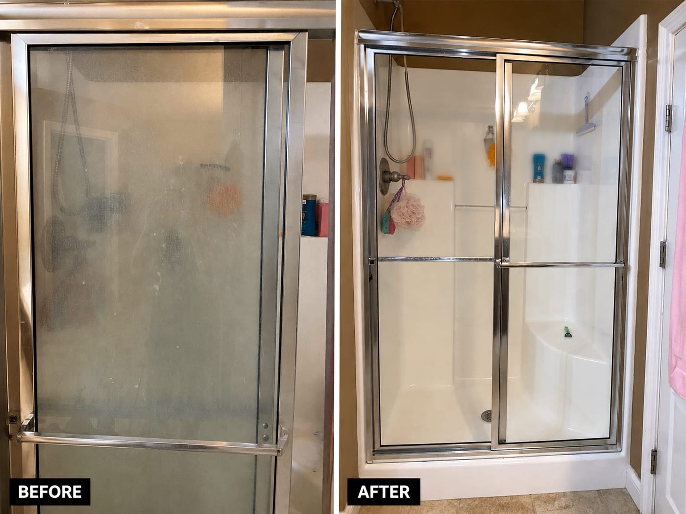 Before and after: cloudy soap-scum shower doors polished back to clear glass