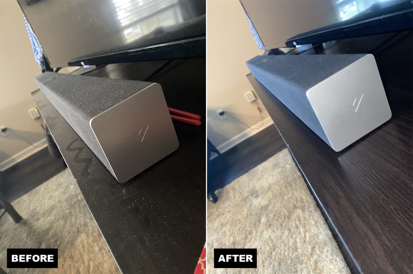 Before and after: dust removed from a soundbar and TV stand